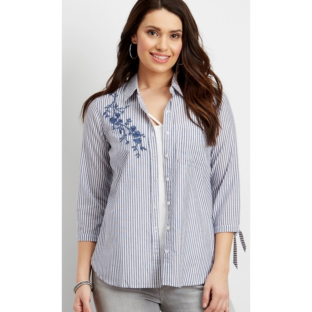 Maurices Striped Floral Embroidered Button Up Shirt Blue & White Size XL